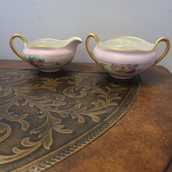 MW Poole Bohemian Porcelain Sugar & Creamer Pink Floral Gold Trim Czechoslovakia - Picture 1 of 8